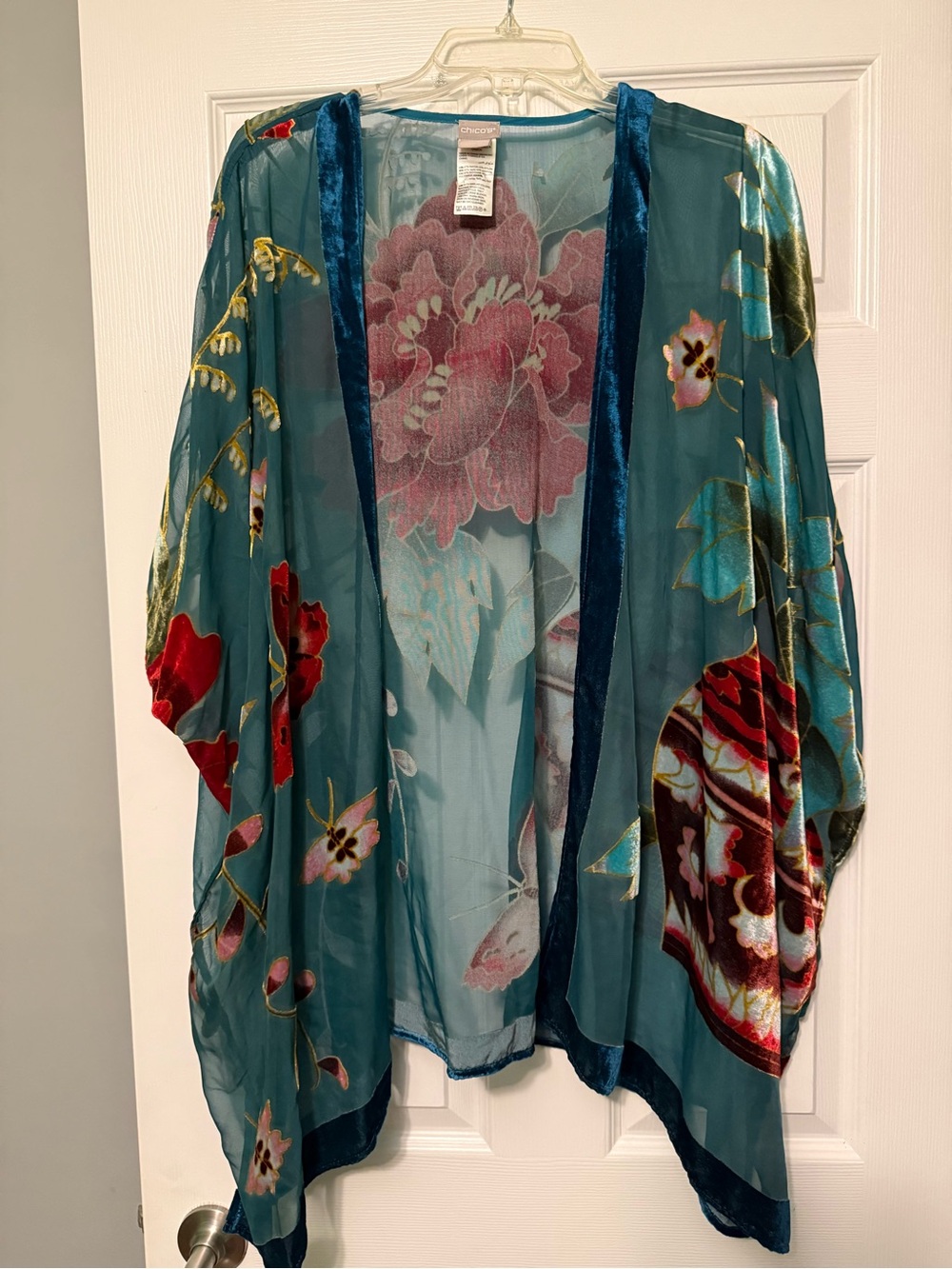 Chico's Teal Sheer Floral Kimono with Pink Floral Accents